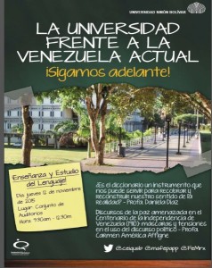 Afiche charla la Universidad frente a la Venezuela actual  12 de noviembre