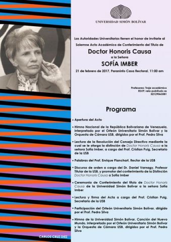 Sofía Imber recibirá el Doctorado Honoris Causa de la USB el 21 de febrero