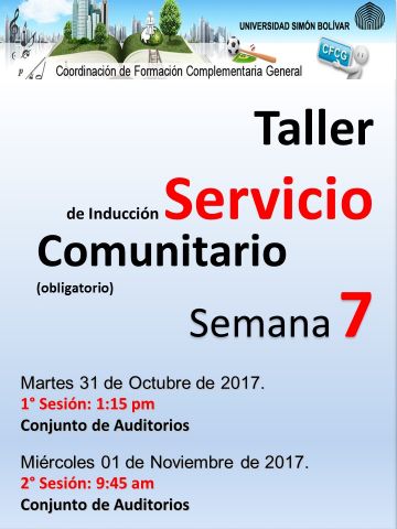 Taller de Inducción al Servicio Comunitario será en Semana 7